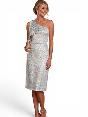 Betsy & Adam One-Shoulder Silver Brocade Cocktail Dress